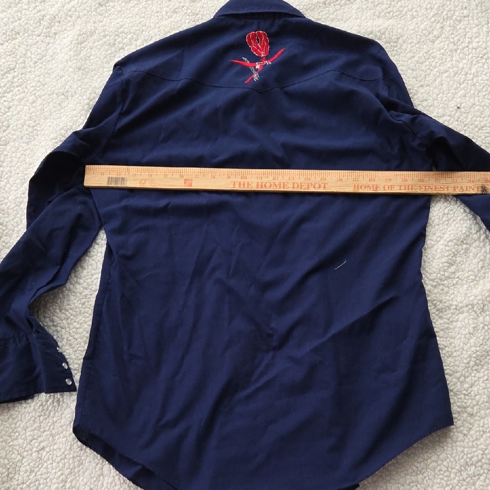 Men's Navy Western Shirt with Red Embroidery Medium Vintage - Picture 9 of 14